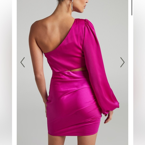 Showpo Rayanna One Shoulder Satin Long Sleeve Cut Out Mini Dress in Fuschia - Picture 8 of 10